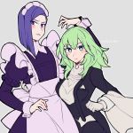 1boy 1girl artist_name blunt_ends blush breasts butler byleth_(fire_emblem) byleth_(fire_emblem)_(female) commentary_request crossdressing do_m_kaeru eyebrows_visible_through_hair fire_emblem fire_emblem:_three_houses gloves green_eyes green_hair grey_background hair_between_eyes large_breasts long_sleeves looking_at_viewer lorenz_hellman_gloucester maid maid_headdress medium_breasts purple_eyes purple_hair simple_background standing watermark 