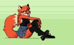  anthro black_clothing black_topwear breasts canid canine clothing crossed_legs feet female footwear fox freckles hi_res legwear mammal nipple_outline passionatefloorromance patty_foxy pigtails plaid_skirt shoes side_boob simple_background sitting soles solo stockings topwear 