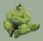  2020 absurd_res anthro belly bulge clothing eyewear fur glasses green_body green_fur hat headgear headwear hi_res humanoid_hands hyaenid jumperbear kemono male mammal moobs nintendo nintendo_switch nipples overweight overweight_anthro overweight_male simple_background sitting solo tongue tongue_out underwear video_games 