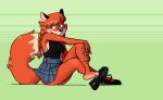  anthro black_clothing black_topwear breasts canid canine clothing crossed_legs feet female footwear fox freckles hi_res mammal nipple_outline passionatefloorromance patty_foxy pigtails plaid_skirt side_boob simple_background sitting soles solo topwear 