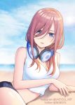  1girl bangs bare_arms bare_shoulders blue_eyes blue_sky blush breasts cleavage go-toubun_no_hanayome hair_between_eyes headphones looking_at_viewer lying nakano_miku nkboys2012 ocean on_side open_mouth outdoors sidelocks sky stomach swimsuit tank_top white_tank_top 