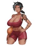  1girl absurdres ball basketball black_hair breasts cleavage english_commentary ghostdoctor hand_on_hip highres holding holding_ball large_breasts looking_to_the_side midriff navel open_mouth original red_eyes short_hair solo tattoo tied_hair 