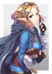  1girl black_pants blonde_hair blush breasts capelet cloak elf fingerless_gloves gloves green_eyes hair_ornament hairclip highres izuki_(toneya) jewelry large_breasts looking_at_viewer pants pointy_ears princess_zelda short_hair simple_background smile solo the_legend_of_zelda the_legend_of_zelda:_breath_of_the_wild 