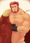  1boy abs bara beard cape chest crossed_arms facial_hair fate/grand_order fate/zero fate_(series) highres iskandar_(fate) male_focus manly muscle oyatu55k pectorals red_eyes red_hair shirtless smile solo 