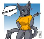  &lt;3 2020 anthro awoogasm big_breasts blue_eyes blue_sclera bottomless breasts claws clothed clothing digital_media_(artwork) fangs felid feline felis female fluffy fluffy_tail fur genitals grey_body grey_fur hair hi_res mammal pussy quinn_(voxelcubed) simple_background smile solo sweater text topwear wide_hips 