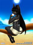  anthro anubian_jackal back_tattoo beach big_breasts black_body black_hair breasts canid canine canis chain choker clothing dessert digital_media_(artwork) feet food gynomorph hair hi_res ice_cream intersex jackal jewelry long_hair looking_at_viewer looking_back mammal necklace razplus rhaja_aaruna seaside solo spaca sun swimwear yellow_eyes 