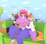  2020 animal_crossing anthro big_breasts breasts brown_body brown_fur canid canine canis chief_(animal_crossing) clothing digital_media_(artwork) domestic_cat ear_piercing ear_ring erection erection_under_clothing eyewear fang_(animal_crossing) fangs felid feline felis female fur glasses green_eyes hair hi_res huge_breasts human kyle_(animal_crossing) lipstick makeup male male/female mammal marshal_(animal_crossing) nintendo orange_body orange_fur piercing pink_hair public punchy_(animal_crossing) raymond_(animal_crossing) slickerwolf tongue tongue_out video_games wolf 