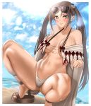  absurdres beach blue_sky breasts brown_eyes brown_hair cleavage collarbone consort_yu_(fate) earrings eyewear_on_head fate/grand_order fate_(series) hair_ornament highres jewelry kisaragi_tsurugi large_breasts legs long_hair multiple_earrings navel off_shoulder open_clothes robe sandals sky spread_legs squatting sunglasses twintails very_long_hair 