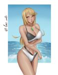  1girl bangs bikini black_bikini blonde_hair breasts chest_jewel cowboy_shot highres hikari_(xenoblade_2) lao_arts large_breasts lips long_hair solo strap_gap swept_bangs swimsuit water white_bikini xenoblade_(series) xenoblade_2 yellow_eyes 