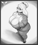  2020 alternate_version_at_source anthro big_breasts boss_monster bovid breasts caprine cleavage clothed clothing conditional_dnp delta_rune_(emblem) eyewear female floppy_ears glasses greyscale hair hair_bun hi_res huge_breasts jewelry mammal mature_anthro mature_female monochrome necklace simple_background solo symbol thick_thighs toriel undertale video_games xopachi 