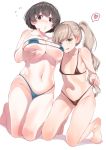 2girls :q barefoot bikini black_hair blue_bikini blue_eyes breast_grab breasts cleavage collarbone commentary_request eyepatch_bikini flat_chest flying_sweatdrops grabbing heart highres inu_(aerodog) kneeling large_breasts licking_lips light_brown_hair long_hair looking_at_viewer micro_bikini multiple_girls navel o3o original ponytail red_eyes short_hair side_ponytail simple_background spoken_heart swimsuit tongue tongue_out white_background 