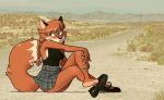  anthro black_clothing black_topwear breasts canid canine clothing crossed_legs feet female footwear fox freckles hi_res mammal nipple_outline passionatefloorromance patty_foxy photo_background pigtails plaid_skirt shoes side_boob sitting soles solo topwear 