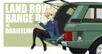  1girl absurdres black_legwear blonde_hair blue_eyes blue_sweater braid car cup darjeeling_(girls_und_panzer) girls_und_panzer ground_vehicle highres kano_(nakanotakahiro1029) land_rover legs motor_vehicle pantyhose range_rover school_uniform st._gloriana&#039;s_school_uniform sweater teacup 