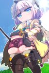  1girl atelier_(series) blue_eyes blush boots bow cosplay half-closed_eyes highres horns kanna_kamui kobayashi-san_chi_no_maidragon lavender_hair midriff namida_boshi navel reisalin_stout reisalin_stout_(cosplay) short_shorts shorts thick_thighs thigh_boots thighhighs thighs 