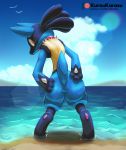  2020 ambiguous_gender anthro beach blue_body blue_fur butt cloud day fur kurou-karasu looking_back lucario mammal nintendo outside pok&eacute;mon pok&eacute;mon_(species) presenting presenting_hindquarters rear_view red_eyes sea seaside sky solo video_games water 