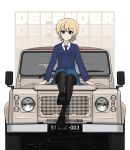  1girl absurdres black_legwear blonde_hair blue_eyes blue_sweater braid car darjeeling_(girls_und_panzer) emblem girls_und_panzer ground_vehicle highres kano_(nakanotakahiro1029) legs motor_vehicle pantyhose school_uniform sweater vehicle_focus 