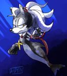  2020 alternate_species anthro artisyone black_body black_fur blue_eyes canid canine canis fin frown fur gem hair heterochromia holding_object holding_weapon infinite_(sonic) jackal male mammal marine merfolk mermaidification ponytail solo sonic_forces sonic_the_hedgehog_(series) underwater water weapon white_body white_fur white_hair yellow_eyes 