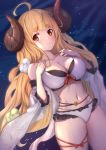  1girl ahoge anila_(granblue_fantasy) bangs bikini blonde_hair blunt_bangs blush breasts cleavage closed_mouth collarbone detached_sleeves draph eyebrows_visible_through_hair granblue_fantasy highres horns large_breasts layered_bikini long_hair looking_at_viewer navel night ribbon ribbon-trimmed_bikini ribbon-trimmed_sleeves ribbon_trim sheep_horns short_eyebrows smile solo swimsuit thick_eyebrows thigh_ribbon thighs uneg very_long_hair white_bikini yellow_eyes 