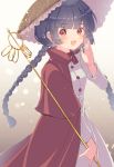  1girl absurdres ajirogasa artist_request black_hair braid brown_headwear buttons cape capelet earlobes hat headwear highres light_blush long_hair long_sleeves low_twintails open_mouth red_capelet red_eyes snow solo staff standing touhou twin_braids twintails yatadera_narumi 