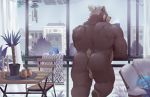  anthro back_muscles balls beverage butt chandelier coffee coffee_mug furniture genitals hi_res male mamaduo mammal muscular muscular_anthro muscular_male nude plant solo ursid 