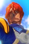  100_iwaoawi_001 1boy close-up green_eyes hair_between_eyes highres isamu_dyson looking_up macross macross_plus one_eye_closed orange_hair pilot_suit signature smirk solo 