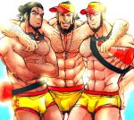 3boys abs arm_around_shoulder bara beard black_hair bulge character_request chest_hair crossed_arms facial_hair facial_scar golden_kamuy hat highres kiroranke lifebuoy looking_at_viewer male_focus male_underwear manly multiple_boys muscle nipples pectorals scar shaved_head sideburns smile sparkle swimsuit tanigaki_genjirou thick_eyebrows thighs underwear zazuzamushi 
