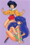  1980s_(style) 2girls black_eyes black_hair brown_eyes china_dress chinese_clothes double_bun dress hair_bobbles hair_ornament highleg_shorts long_hair looking_at_viewer multiple_girls official_art oldschool open_mouth outstretched_arms purple_background purple_hair ranma_1/2 shampoo_(ranma_1/2) shirt_tucked_in short_hair short_shorts shorts simple_background sleeveless sleeveless_dress sleeves_rolled_up spread_arms tendou_akane 