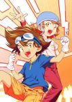  1boy 1daijida 1girl :d blue_shirt brown_eyes brown_hair digimon digimon_adventure goggles goggles_on_head helmet open_mouth orange_hair pants pink_shirt red_pants shiny shiny_hair shirt short_sleeves shorts smile takenouchi_sora wristband yagami_taichi yellow_shorts 