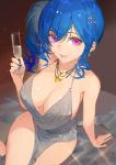  1girl alcohol azur_lane bangs bare_arms bare_shoulders blue_hair blue_nails champagne champagne_flute collarbone commentary cup dress drinking_glass english_commentary evening_gown fingernails from_above glint grey_dress hair_ornament holding holding_cup jewelry long_fingernails long_hair looking_at_viewer looking_up nail_polish necklace o-ring o-ring_dress parted_lips pelvic_curtain plunging_neckline purple_eyes side_ponytail sidelocks sitting sleeveless sleeveless_dress smile solo songjikyo st._louis_(luxurious_wheels)_(azur_lane) thighs 