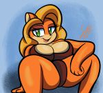  activision anthro bandicoot big_breasts big_butt black_nose blonde_hair blue_background breasts butt cleavage clothed clothing crash_bandicoot_(series) female fur green_eyes hair hand_on_leg hi_res long_hair looking_at_viewer mammal marsupial narrowed_eyes open_mouth orange_body orange_fur signature simple_background sitting smile solo someth1ngoranother tawna_bandicoot thick_thighs video_games wide_hips 