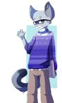  anthro beans bell bell_collar book clothing collar digital_media_(artwork) domestic_cat egyptian_mau eyewear felid feline felis glasses hi_res khaki_pants male mammal nerd nixuelle paws purple_clothing purple_sweater purple_topwear robysaurus solo sweater topwear waving_at_viewer waving_hand white_belt 