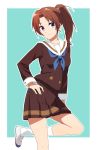  1girl blue_background blue_eyes blue_neckwear brown_hair brown_shirt brown_skirt closed_mouth collarbone eyebrows_visible_through_hair hair_intakes hibike!_euphonium high_ponytail highres kitauji_high_school_uniform kneehighs long_hair long_sleeves looking_at_viewer miniskirt nakagawa_natsuki onao pleated_skirt sailor_collar sailor_shirt school_uniform shiny shiny_hair shirt skirt solo standing standing_on_one_leg two-tone_background white_background white_legwear white_sailor_collar 