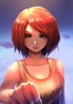  1girl boiling_bolt breasts clenched_hand ctiahao english_commentary fist_bump green_eyes highres june_(boiling_bolt) looking_at_viewer medium_breasts pov red_hair short_hair solo tank_top 