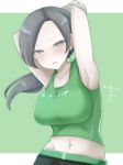  armpits arms_up bangs bare_shoulders black_hair black_pants blush breasts capri_pants chiji_komari commentary forehead green_background green_shirt grey_eyes highres large_breasts looking_at_viewer midriff navel open_mouth pale_skin pants parted_bangs ponytail shirt simple_background sleeveless smile stretch super_smash_bros. tank_top translated white_skin wii_fit wii_fit_trainer 