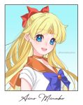  1girl :d aino_minako bangs bishoujo_senshi_sailor_moon blonde_hair blue_eyes blue_neckwear bow character_name choker circlet collared_shirt earrings eyebrows_visible_through_hair floating_hair hair_bow jewelry long_hair looking_at_viewer open_mouth orange_choker orange_sailor_collar red_bow sailor_collar sailor_senshi_uniform sailor_shirt sailor_venus shiny shiny_hair shirt short_sleeves smile solo tabby_chan upper_body very_long_hair white_shirt 