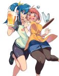  2girls :d alcohol antenna_hair apron arm_around_neck beer beer_mug bike_shorts black_footwear blue_skirt blush bottle bow brown_legwear cup denim denim_skirt full-face_blush hair_bow highres holding holding_cup long_hair long_sleeves looking_at_viewer mug multiple_girls nonco nose_blush open_mouth orange_apron original pantyhose pencil_skirt ponytail red_eyes red_hair sake_bottle shirt shoes short_hair simple_background skirt smile spilling standing standing_on_one_leg tears tray white_background white_shirt wide-eyed yellow_bow 