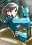  1girl absurdres blue_coat blue_gloves brown_eyes brown_hair closed_mouth coat earrings floating_hair gloves highres huge_filesize jewelry kaze_no_tani_no_nausicaa long_hair looking_at_viewer nausicaa shiny shiny_hair smile solo sparkle verse 