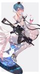  1girl assault_rifle bangs blue_hair blush character_name crown cup dress drinking_glass eyebrows_visible_through_hair girls_frontline gloves gun hair_between_eyes hairband high_heels highres hourglass mini_crown pantyhose parted_lips purple_eyes rifle short_hair sitting solo soukou_makura sparkle two-tone_background weapon white_background white_dress white_gloves white_legwear wine_glass zas_m21_(girls_frontline) 