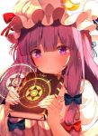  1girl blue_bow book bow breasts commentary crescent crescent_moon_pin eyebrows_visible_through_hair frown glitter hair_bow hat hat_bow highres holding holding_book hunya large_breasts looking_at_viewer magic_circle mob_cap mukyuu nail_polish patchouli_knowledge purple_eyes red_bow simple_background solo touhou upper_body white_background 