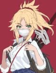  1girl backpack bag bangs blonde_hair blue_skirt blush braid breasts choker clarent collared_shirt dress_shirt fate/apocrypha fate_(series) french_braid green_eyes hair_ornament hair_scrunchie highres long_hair looking_at_viewer mask mordred_(fate) mordred_(fate)_(all) mouth_mask parted_bangs ponytail red_background red_scrunchie scrunchie shirt sidelocks simple_background skirt sleeves_rolled_up small_breasts surgical_mask sword tonee weapon white_shirt 