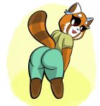  aggressive_retsuko ailurid anthro bent_over big_butt brown_eyes butt clothed clothing female fur hand_on_leg hi_res looking_at_viewer looking_back mammal open_mouth presenting presenting_hindquarters red_panda retsuko sanrio simple_background smile solo someth1ngoranother standing thick_thighs wide_hips 