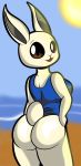  anthro beach beastars big_breasts big_butt breasts brown_eyes butt clothed clothing female fur hand_on_hip haru_(beastars) hi_res lagomorph leporid looking_at_viewer looking_back mammal open_mouth rabbit seaside smile solo someth1ngoranother standing sun swimwear thick_thighs white_body white_fur wide_hips 