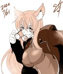  1girl 2020 animal_ears breasts covered_nipples dated fate/grand_order fate_(series) fur glasses highres jacket large_breasts looking_at_viewer millipen_(medium) monochrome signature smile smirk solo suga_leon suzuka_gozen_(fate) traditional_media type-moon 