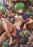  1girl arm_up ass bracelet breasts cleavage commentary_request eyebrows_visible_through_hair gabiran gold_trim green_hair grin hair_between_eyes jewelry knee_up looking_at_viewer medium_breasts midriff navel official_art red_eyes revealing_clothes shinkai_no_valkyrie sitting smile solo stomach twintails underboob 