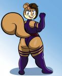  anthro big_breasts big_butt blue_background breasts brown_body brown_eyes brown_fur brown_hair buckteeth butt clothed clothing cosplay crossover female fur hair hi_res looking_at_viewer looking_back mammal marvel nickelodeon open_mouth psylocke rear_view rodent sandy_cheeks sciurid simple_background solo someth1ngoranother spongebob_squarepants standing teeth thick_thighs tongue tree_squirrel wide_hips x-men 