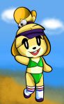 animal_crossing anthro beach bikini canid canine canis clothed clothing cloud domestic_dog female fur hair hat headgear headwear hi_res isabelle_(animal_crossing) looking_at_viewer mammal nintendo open_mouth seaside shih_tzu smile solo someth1ngoranother standing swimwear teeth tongue toy_dog video_games wave yellow_body yellow_fur 