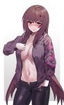  1girl alternate_costume blush breasts denim fate/grand_order fate_(series) hair_intakes hair_ornament hairclip highres jacket jeans large_breasts long_hair navel no_bra open_fly pants purple_hair red_eyes scathach_(fate)_(all) scathach_(fate/grand_order) smile solo suou-sensei 