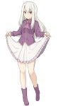 1girl ascot bangs blonde_hair blush boots fate/stay_night fate_(series) frilled_skirt frills illyasviel_von_einzbern jacket lifted_by_self long_hair long_sleeves looking_at_viewer purple_jacket red_eyes shiseki_hirame skirt skirt_lift smile solo 