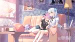  2girls artist_name casual couch cup drill_hair heterochromia highres kagura_mea kagura_mea_channel looking_at_viewer minato_aqua multiple_girls photo_(object) pokemon resting silver_hair thighhighs twin_drills twintails virtual_youtuber white_background 