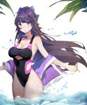  1girl absurdres black_hair black_swimsuit blue_eyes breasts cleavage collarbone commentary_request competition_swimsuit cowboy_shot highleg highleg_swimsuit highres honkai_(series) honkai_impact_3rd large_breasts long_hair looking_at_viewer one-piece_swimsuit outstretched_arms purple_towel raiden_mei sanmery soaking_feet solo standing swimsuit water white_background 